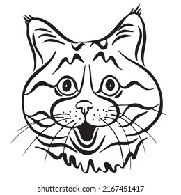 Cute Cat Head On A White Background.  Funny Kitty Face. Vector Sketch Illustration. Black And White Outline Hand Drawing. Cartoon Style. Сan Be Used As A Print On T-shirts, Postcards, Poster.