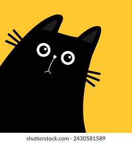 Cute cat head peeking out from around the corner. Kawaii baby pet animal. Black kitten surprised face. Cartoon character. Sticker, tshirt, greeting card print. Flat design. Yellow background Vector