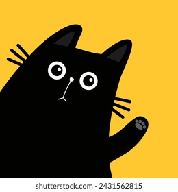 Cute cat head peeking out from around the corner. Waving hand paw print. Kawaii baby pet animal. Black kitten face. Cartoon character. Sticker greeting card print. Flat design Yellow background Vector