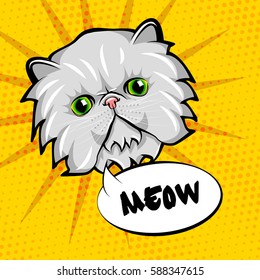 Cute cat head pop art. Isolated on yellow background. Vector illustration