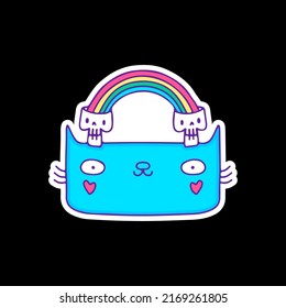 Cute cat head with rainbow skulls, illustration for t-shirt, sticker, or apparel merchandise. With doodle, retro, and cartoon style.