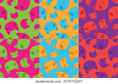 Cute cat head seamless pattern isolated in bright neon color background vector design. Seamless pattern template for wrapping paper, fabric or wallpaper