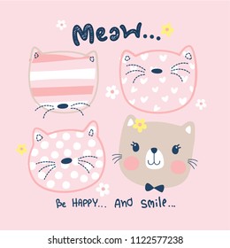 Cute cat head shape cartoon vector illustration, T-shirt design for kids.