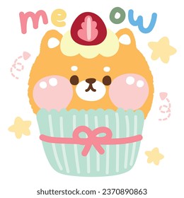 Cute cat head with strawberry cupcake on white background.Sweet and dessert.Bakery.Pet animal cartoon character design.Image for card,poster,baby product.Meow lover.Kawaii.Vector.Illustration.