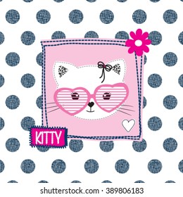 cute cat head with sunglasses on polka dots background, T-shirt design for girls vector illustration