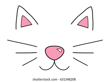 Cute cat head vector illustration doodle drawing, cat snout, ears and whiskers. Outline cat's head graphic icon.