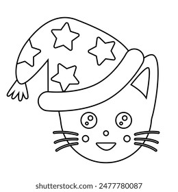 Cute cat head in a wizards magic hat, doodle style flat vector outline for coloring book