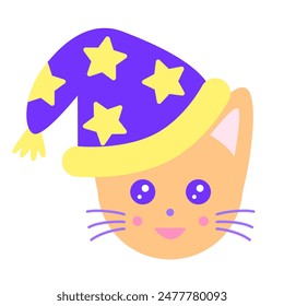 Cute cat head in a wizards magic hat, childrens magic element in kawaii cartoon style, vector