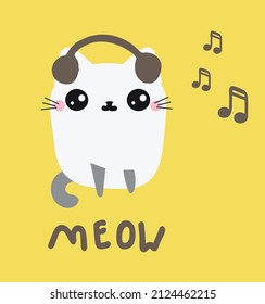 Gato lindo con auriculares escuchando música, maullando (cantando canciones). Un gatito con un estilo dibujado a mano, aislado en un fondo amarillo. Concepto musical, fiesta, festival... Ilustración vectorial.