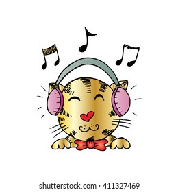 cute cat with headphones. Sketchy style.