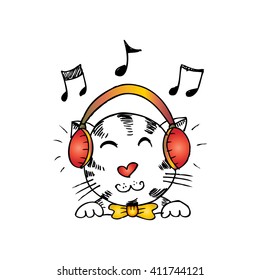 cute cat with headphones. Sketchy style.