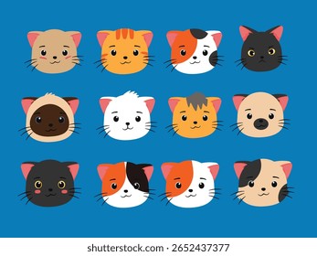 Cute Cat Heads Coleção de várias raças em Chibi Kids Illustration Style
Um charmoso conjunto de ilustrações de cabeça de gato com várias raças populares como persa, siamês, British Shorthair, Maine