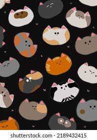 Cute cat heads in different colors and patterns on black background for phone case, logo, pillow case, fabric print, wallpaper, templates, doodle, covers, book covers, wall decor, cards