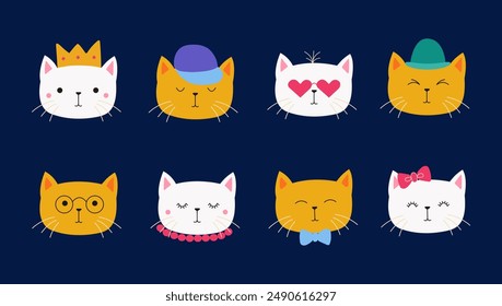 Nette Katzenköpfe Doodle Vektorgrafik Set. Comic-Katze Gesichter Charakter-Design. 