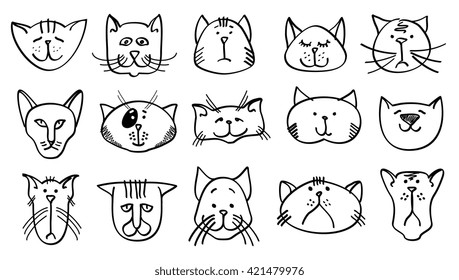 Cute cat heads in hand drawn style. 