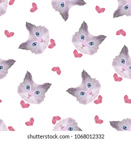 cute cat heads and hearts on white background, tender kids seamless pattern