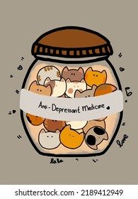 Cute cat heads in the jar with the label “anti depressant medicine in front” illustrations, animation for phone case, logo, pillow case, fabric print, wallpaper, social media,covers, wall decor, cards