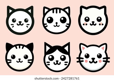 Nette Katzenköpfe Set für Clip Art Aufkleber und Logos in einem flachen modernen einfachen und weichen japanischen Thema