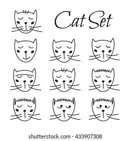 Cute cat heads set in hand drawn. Pet animal vector illustration