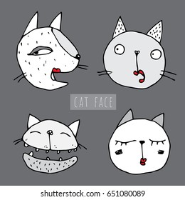 Cute cat heads set in hand drawn. Pet animal vector illustration. Surprised fun sad happy love kitty on the gray background