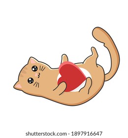 Un gato lindo con el corazón en forma de caricatura. Ilustración vectorial aislada en fondo blanco. Imprimir para camisetas, pegatinas, diseño y más.