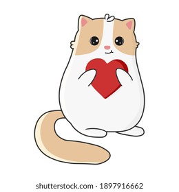 Un gato lindo con el corazón en forma de caricatura. Ilustración vectorial aislada en fondo blanco. Imprimir para camisetas, pegatinas, diseño y más.