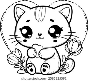 Cute Cat with heart Cartoon Vector coloring book. Funny feline characters for Valentine's Day and Love coloring page. Outline doodle animals collection in cartoon style. Vector illustration.