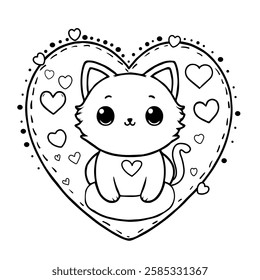 Cute Cat with heart Cartoon Vector coloring book. Funny feline characters for Valentine's Day and Love coloring page. Outline doodle animals collection in cartoon style. Vector illustration.