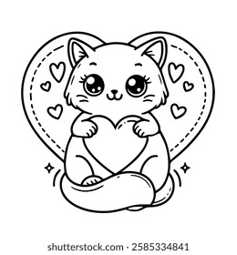 Cute Cat with heart Cartoon Vector coloring book. Funny feline characters for Valentine's Day and Love coloring page. Outline doodle animals collection in cartoon style. Vector illustration.