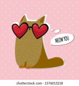 cute cat with heart glasses and speech bubble with quote, valentine's day card, save the date card. Vector illustration in flat style