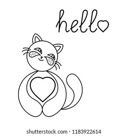 Cute cat. Heart. "Hello" text. Vector illustration.