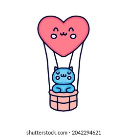 cute cat in heart hot air balloon cartoon, illustration for stickers and t shirt.