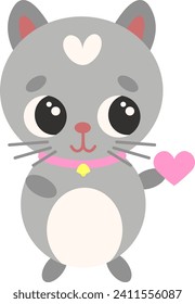 Cute cat with heart in kawaii style. Vector isolated friendly kitten for kids or teenage sticker or print