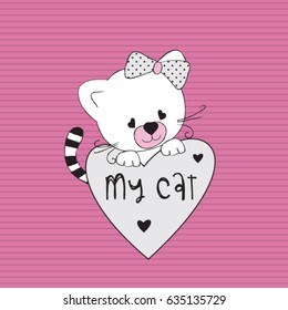 cute cat with heart, love pattern with cat, T-shirt graphics for kids vector illustration