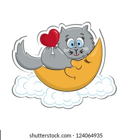A cute cat with heart lying on the moon. Sticker. Vector illustration