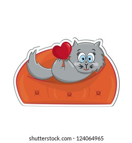 A cute cat with heart lying on the sofa. Sticker. Vector illustration