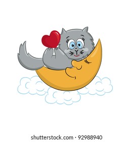 A cute cat with heart lying on the moon.Vector illustration
