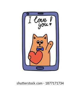 Cute cat with a heart on the phone screen, valentine, congratulations. cartoon illustration with a stroke.