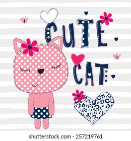 cute cat with heart on striped background vector illustration