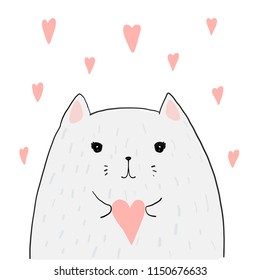 Cute cat with heart in paws.Hand drawn charming kitty. Vector illustration.