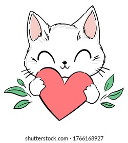 Cute Cat and heart . Print design for textiles, baby clothes, banner. Vector