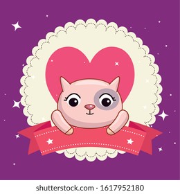 cute cat with heart and ribbon vector illustration design