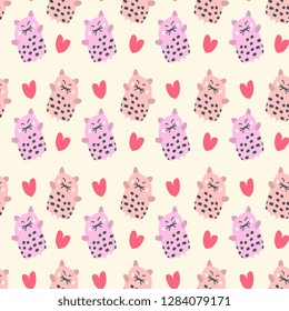 Cute cat with heart seamless pattern. Trendy colorful background ready for fabric print vector illustration