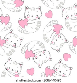 Cute cat and heart seamless pattern, print design textile Vector Illustration 