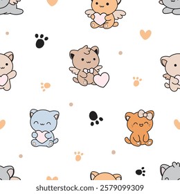 Cute cat with Heart seamless pattern. Lovely kitten in Valentine concept. Cartoon Animals Pattern design for prints, textiles, fabric, wallpaper, stationery, nursery, wrapping paper, etc.