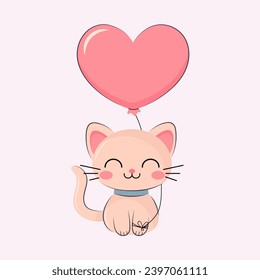 Cute cat with a heart shaped balloon. Happy Valentine's Day greeting card. Cat cartoon character in love 