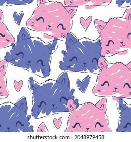 Cute cat and heart sketch pattern seamless Valentine's Day, vector illustration