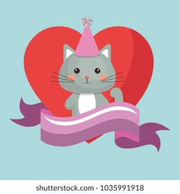 cute cat and heart sweet kawaii character birthday card