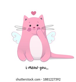 Cute cat with heart and wings. Vector illustration. Funny kitten useful for many applications, your designs, prints for apparel, greeting valentines theme card and invitation. 