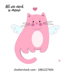 Cute cat with heart and wings. Vector illustration. Funny kitten useful for many applications, your designs, prints for apparel, greeting valentines theme card and invitation. 